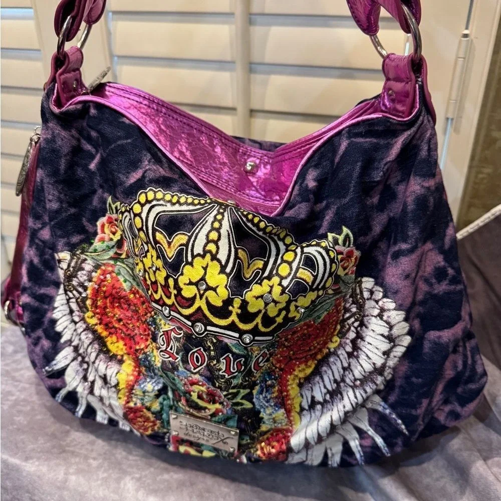 Rare Ed Hardy Large‎ Tye Dye Hobo Metallic Crystal Tattoo. Amazing NWOT